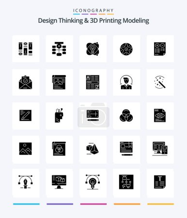 Illustration for Creative Design Thinking And D Printing Modeling 25 Glyph Solid Black icon pack  Such As pros. project. database. satanic. bulb - Royalty Free Image