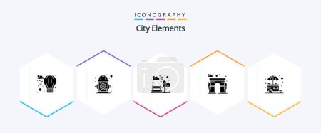 Téléchargez les illustrations : City Elements 25 Glyph icon pack including stall. gate. bench. door. architecture - en licence libre de droit