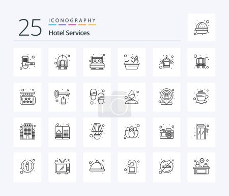 Illustration for Hotel Services 25 Line icon pack including wardrobe. shower. bed. hotel. bath - Royalty Free Image