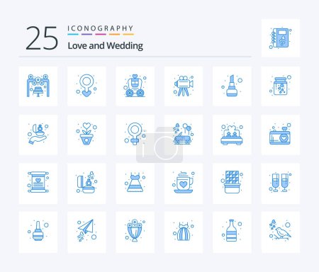Illustration for Wedding 25 Blue Color icon pack including lip stick. video camera. brougham. video. wedding - Royalty Free Image