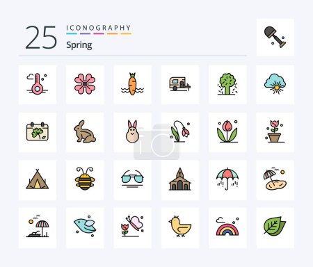 Téléchargez les illustrations : Spring 25 Line Filled icon pack including apple tree. tree. carrot. spring. car - en licence libre de droit