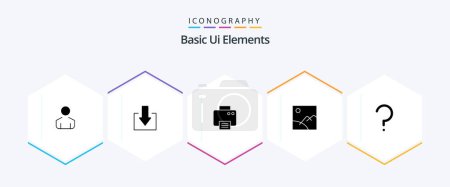 Illustration for Basic Ui Elements 25 Glyph icon pack including mark. question. printed. help. picture - Royalty Free Image