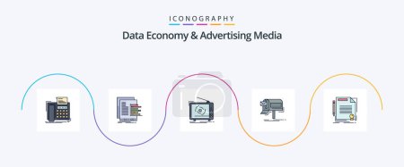 Téléchargez les illustrations : Data Economy And Advertising Media Line Filled Flat 5 Icon Pack Including marketing. campaigns. reports. set. advertising - en licence libre de droit
