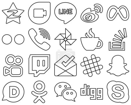 Illustration for 20 Stylish and high-resolution Black Outline Social Media Icons such as caffeine. rakuten and yahoo icons. Creative and professional - Royalty Free Image