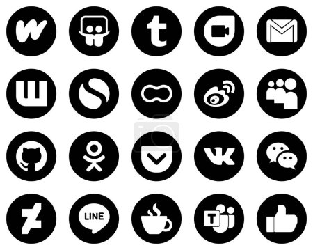 Ilustración de 20 Professional White Social Media Icons on Black Background such as myspace. china. wattpad. sina and women icons. High-resolution and fully customizable - Imagen libre de derechos