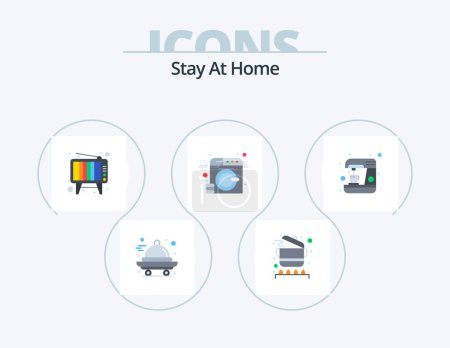 Téléchargez les illustrations : Stay At Home Flat Icon Pack 5 Icon Design. machine. coffee. retro. wash. laundry - en licence libre de droit
