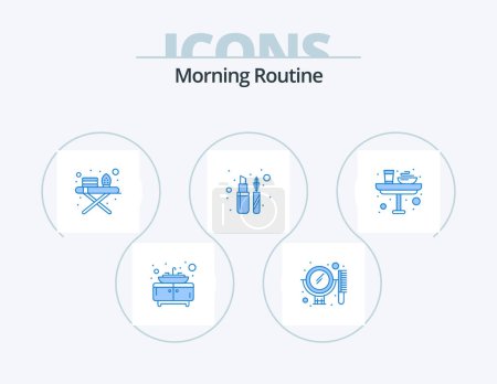 Illustration for Morning Routine Blue Icon Pack 5 Icon Design. glass. dinner. ironing stand. breakfast. liner - Royalty Free Image
