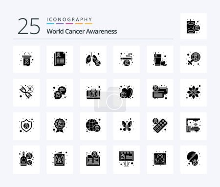 Ilustración de World Cancer Awareness 25 Solid Glyph icon pack including fruit juice. smoking. cancer. health. symptom - Imagen libre de derechos