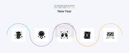Téléchargez les illustrations : New Year Glyph 5 Icon Pack Including new year. new year. watch. greeting card. party - en licence libre de droit