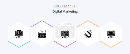 Illustration for Digital Marketing 25 Glyph icon pack including marketing. magnet. analysis. customer. attract - Royalty Free Image