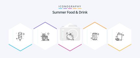 Téléchargez les illustrations : Summer Food and Drink 25 Line icon pack including fruit. soda. apple. drink. can - en licence libre de droit
