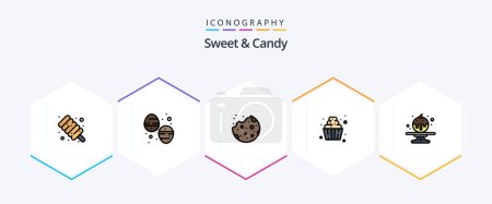 Téléchargez les illustrations : Sweet And Candy 25 FilledLine icon pack including cake. sweet. cookie. sweets. food - en licence libre de droit