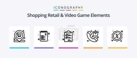 Téléchargez les illustrations : Shoping Retail And Video Game Elements Line 5 Icon Pack Including shop. spacecraft. document. shuttle. guidelines. Creative Icons Design - en licence libre de droit