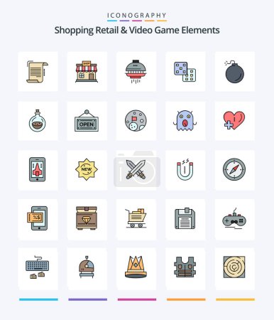 Illustration for Creative Shoping Retail And Video Game Elements 25 Line FIlled icon pack  Such As bomb. gaming. store. dice. spacecraft - Royalty Free Image