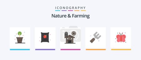 Téléchargez les illustrations : Nature And Farming Flat 5 Icon Pack Including insects. butterfly. barn. fork. farm. Creative Icons Design - en licence libre de droit