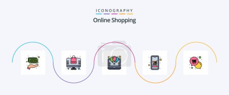 Téléchargez les illustrations : Online Shopping Line Filled Flat 5 Icon Pack Including shopping. device. balloon. cart. percentage - en licence libre de droit