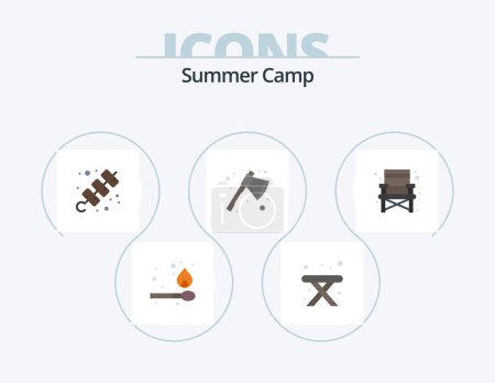 Téléchargez les illustrations : Summer Camp Flat Icon Pack 5 Icon Design. . camping. meat. chair. camping - en licence libre de droit