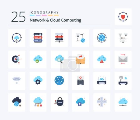 Téléchargez les illustrations : Network And Cloud Computing 25 Flat Color icon pack including internet. technology. technology. network. global - en licence libre de droit