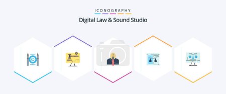 Illustration for Digital Law And Sound Studio 25 Flat icon pack including law. court. anonymous. copyright. creative - Royalty Free Image