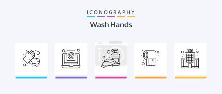 Téléchargez les illustrations : Wash Hands Line 5 Icon Pack Including basin. medical. blood. hands. protection. Creative Icons Design - en licence libre de droit