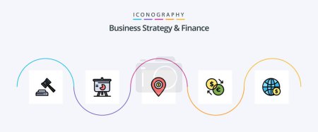 Téléchargez les illustrations : Business Strategy And Finance Line Filled Flat 5 Icon Pack Including euro. exchange. location. currency. money - en licence libre de droit