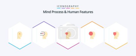 Illustration for Mind Process And Human Features 25 Flat icon pack including secure. target. mind. mind. head - Royalty Free Image