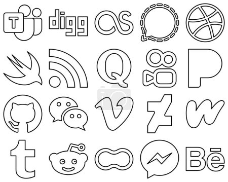 Illustration for 20 Minimalist Black Line Social Media Icons such as messenger. github. swift. pandora and question icons. Versatile and premium - Royalty Free Image