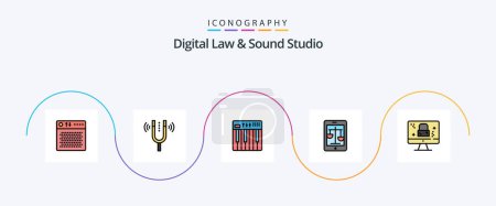 Illustration for Digital Law And Sound Studio Line Filled Flat 5 Icon Pack Including law. court. pitch. music. keyboard - Royalty Free Image