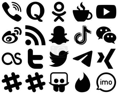 Illustration for 20 High-Quality Black Glyph Social Media Icons such as snapchat. rss and sina icons. Fully editable and unique - Royalty Free Image