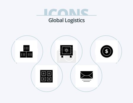 Téléchargez les illustrations : Global Logistics Glyph Icon Pack 5 Icon Design. dollar coin. global. global. lock. transportation - en licence libre de droit