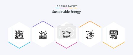 Téléchargez les illustrations : Sustainable Energy 25 Line icon pack including energy. cable. green. adapter. flowers - en licence libre de droit