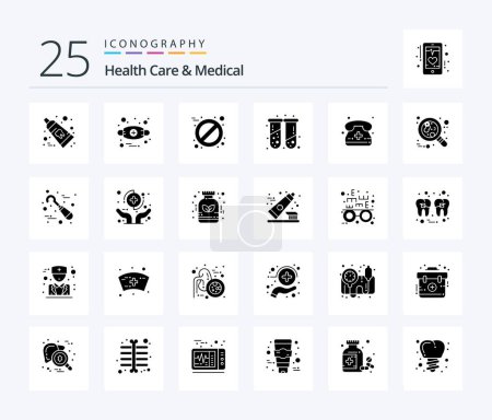 Téléchargez les illustrations : Health Care And Medical 25 Solid Glyph icon pack including medical call. call. aspirin. test tubes. health - en licence libre de droit