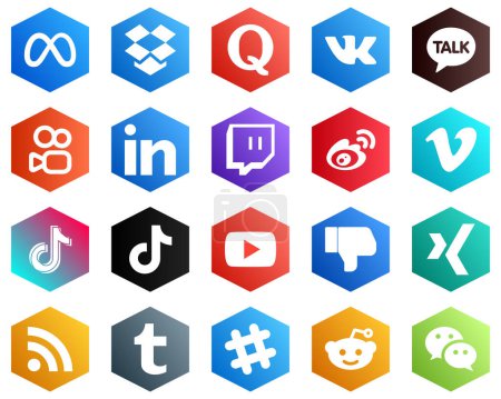 Ilustración de 25 High-quality White Icons such as tiktok. vimeo. linkedin and sina icons. Hexagon Flat Color Backgrounds - Imagen libre de derechos