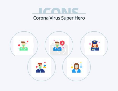 Téléchargez les illustrations : Corona Virus Super Hero Flat Icon Pack 5 Icon Design. police. shield. doctor. male. doctor - en licence libre de droit