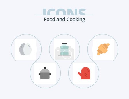 Téléchargez les illustrations : Food Flat Icon Pack 5 Icon Design. croissant. drink. meal. dinner. bottle - en licence libre de droit