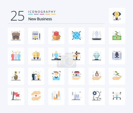 Téléchargez les illustrations : New Business 25 Flat Color icon pack including shopping. laptop. business. business. globe - en licence libre de droit