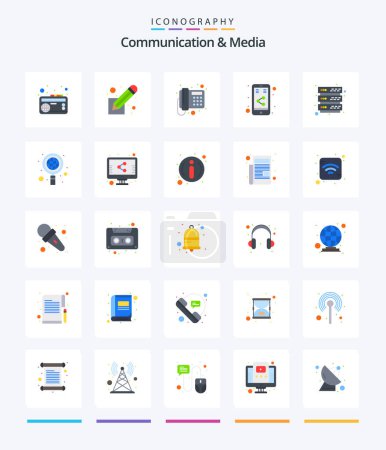 Téléchargez les illustrations : Creative Communication And Media 25 Flat icon pack  Such As database. share. script. media. telephone - en licence libre de droit