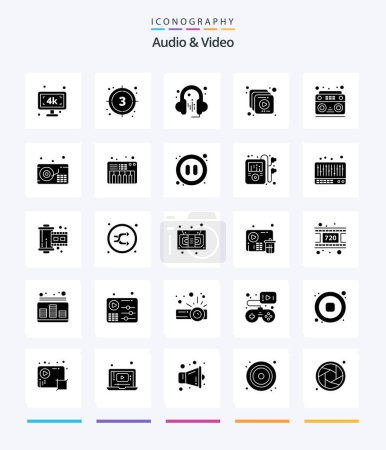 Téléchargez les illustrations : Creative Audio And Video 25 Glyph Solid Black icon pack  Such As sound. audio. video. video. collection - en licence libre de droit