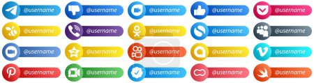 Illustration for 20 Simple Follow me Social Network Platform Card Style Icons such as video. myspace. pocket and simple icons. Versatile and high quality - Royalty Free Image