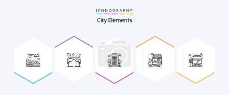 Illustration for City Elements 25 Line icon pack including city bus terminal. bus. city. food stall. shop - Royalty Free Image