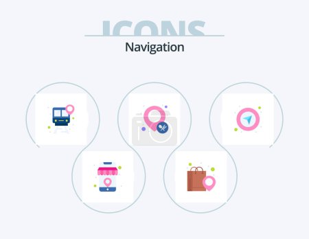 Téléchargez les illustrations : Navigation Flat Icon Pack 5 Icon Design. map. restaurant. shopping. pin. location - en licence libre de droit