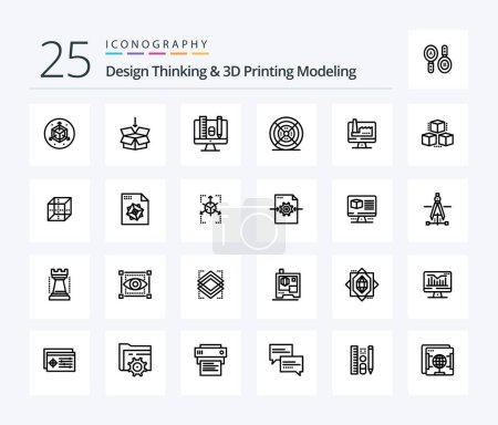 Illustration for Design Thinking And D Printing Modeling 25 Line icon pack including monitore. computer. education. print. filament - Royalty Free Image
