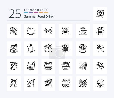 Téléchargez les illustrations : Summer Food Drink 25 Line icon pack including juice. drink. sushi. beverage. food - en licence libre de droit