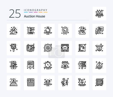 Illustration for Auction 25 Line icon pack including mark. quality. law book. certificate. ring - Royalty Free Image