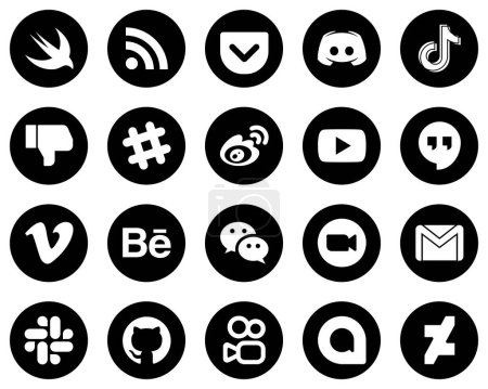 Illustration for 20 High-Resolution White Social Media Icons on Black Background such as sina. spotify. tiktok and facebook icons. Clean and professional - Royalty Free Image