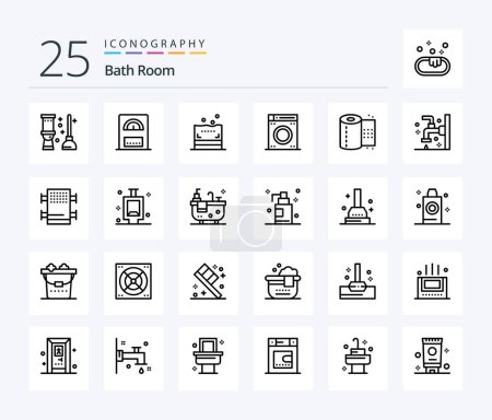 Téléchargez les illustrations : Bath Room 25 Line icon pack including bath. toilet. bath. paper. bath - en licence libre de droit