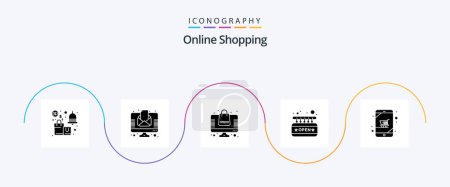 Téléchargez les illustrations : Online Shopping Glyph 5 Icon Pack Including cart. shop. newspaper. open. online store - en licence libre de droit