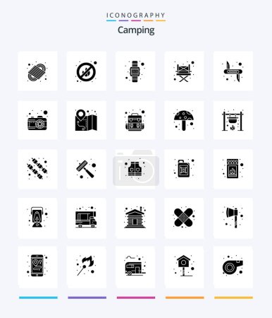 Ilustración de Creative Camping 25 Glyph Solid Black icon pack  Such As army. victorinox. time. knife. camping - Imagen libre de derechos