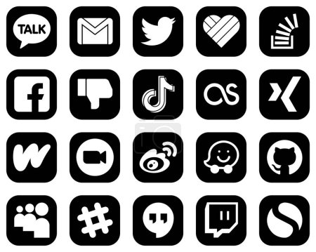 Illustration for 20 Attractive White Social Media Icons on Black Background such as douyin. facebook. question. dislike and fb icons. Modern and professional - Royalty Free Image
