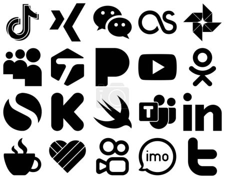 Illustration for 20 Modern Black Solid Social Media Icons such as kickstarter. odnoklassniki. lastfm. video and pandora icons. High-quality and modern - Royalty Free Image
